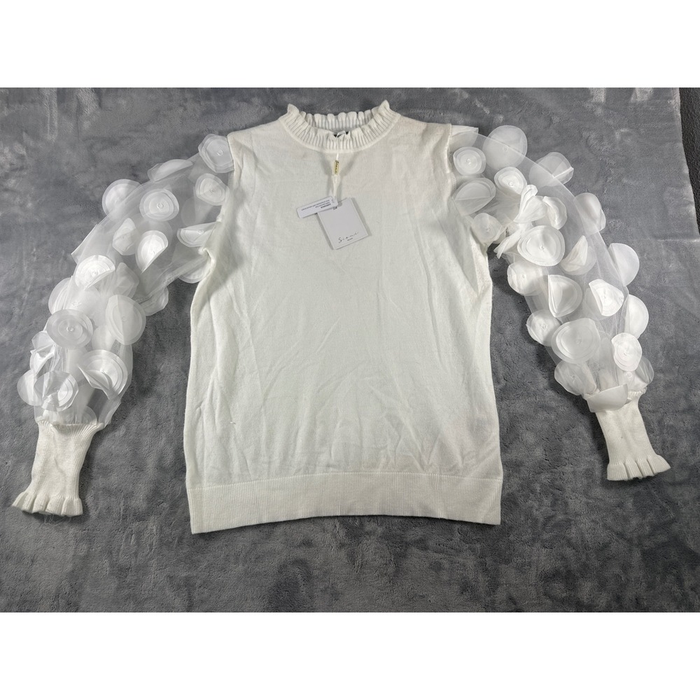 Sioni Milano White Knit Sweater 3D Floral Sheer Mesh Sleeve Ruffle Neck XL NEW